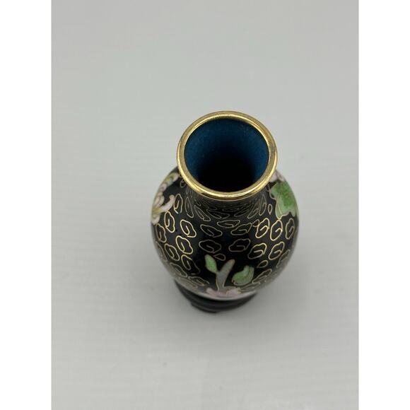 Vintage Mini Chinese Enameled Cloisonne Vase w/ Stand 3 inch Black Pink Lotus - Picture 4 of 7